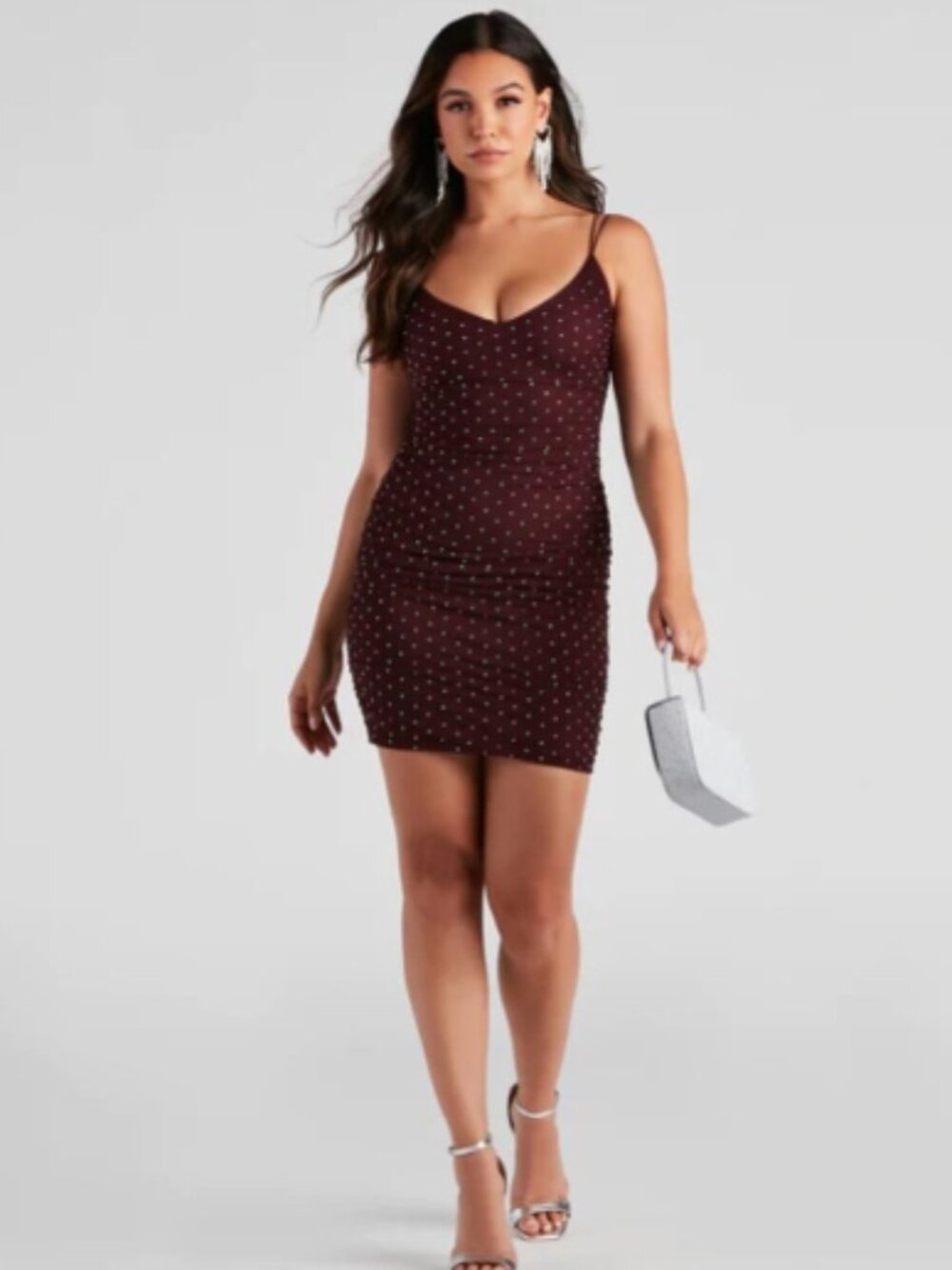 Windsor Eggplant Kylie Party Ruching Spaghetti Strap Rhinestone Mesh Mini Dress